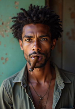 A young man residing in Cuba smokes a cigar while looking directly at the viewer, showcasing a unique hairstyle and a calm demeanor in a vibrant environment. Generative AI.の素材