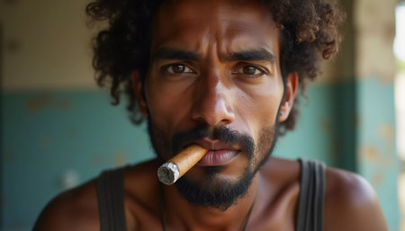 A young man residing in Cuba smokes a cigar while looking directly at the viewer, showcasing a unique hairstyle and a calm demeanor in a vibrant environment. Generative AI.の素材