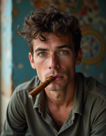 A young man residing in Cuba smokes a cigar while looking directly at the viewer, showcasing a unique hairstyle and a calm demeanor in a vibrant environment. Generative AI.の素材