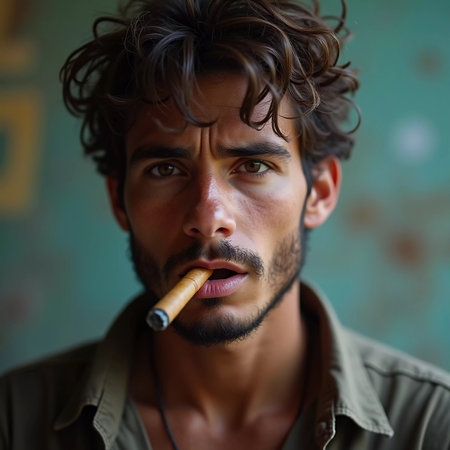 A young man residing in Cuba smokes a cigar while looking directly at the viewer, showcasing a unique hairstyle and a calm demeanor in a vibrant environment. Generative AI.の素材