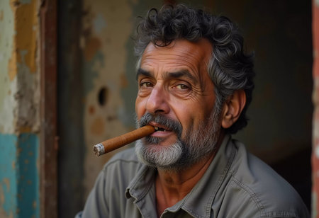 An elderly man with gray hair and a bushy beard smiles broadly while holding a cigar between his teeth. He relaxes in his neighborhood in Cuba, embracing the moment. Generative AI.の素材