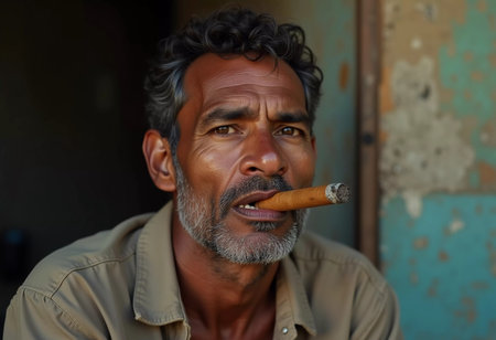 An elderly man with gray hair and a bushy beard smiles broadly while holding a cigar between his teeth. He relaxes in his neighborhood in Cuba, embracing the moment. Generative AI.の素材