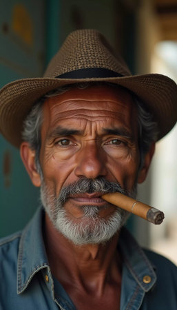 An elderly man with gray hair and a bushy beard smiles broadly while holding a cigar between his teeth. He relaxes in his neighborhood in Cuba, embracing the moment. Generative AI.の素材