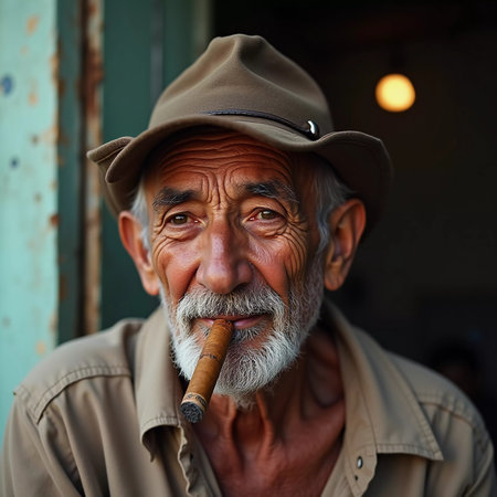 An elderly man with gray hair and a bushy beard smiles broadly while holding a cigar between his teeth. He relaxes in his neighborhood in Cuba, embracing the moment. Generative AI.の素材