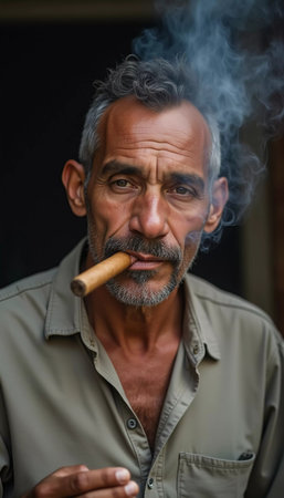 An elderly man with gray hair and a bushy beard smiles broadly while holding a cigar between his teeth. He relaxes in his neighborhood in Cuba, embracing the moment. Generative AI.の素材