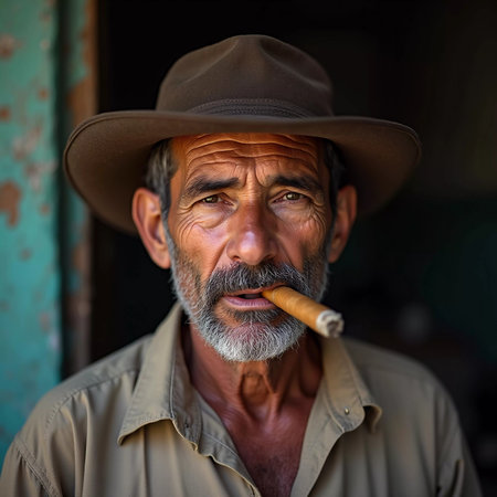 An elderly man with gray hair and a bushy beard smiles broadly while holding a cigar between his teeth. He relaxes in his neighborhood in Cuba, embracing the moment. Generative AI.の素材