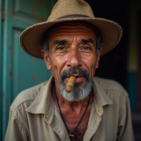 An elderly man with gray hair and a bushy beard smiles broadly while holding a cigar between his teeth. He relaxes in his neighborhood in Cuba, embracing the moment. Generative AI.の素材