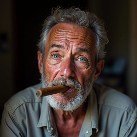 An elderly man with gray hair and a bushy beard smiles broadly while holding a cigar between his teeth. He relaxes in his neighborhood in Cuba, embracing the moment. Generative AI.の素材
