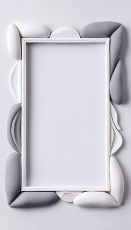Abstract design with a rectangular frame and soft white-gray shapes on a muted background, ideal for showcasing art or personalized displays in modern interiors.の素材