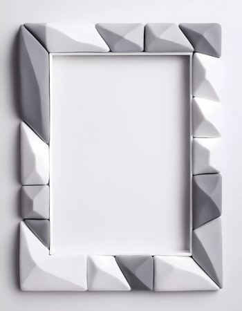 An empty rectangular frame with a unique design featuring angular shapes in white and gray colors is placed against a smooth abstract background.の素材
