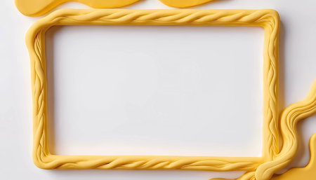 A rectangular frame in golden yellow is adorned with twisting accents, placed against a white background, perfect for showcasing creative artwork or designs.の素材