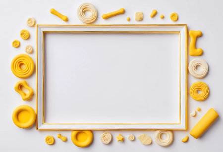 Yellow and white playful shapes are creatively arranged around a rectangular frame creating a vibrant and artistic border on a light background.の素材