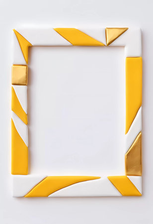 Displayed is a beautifully crafted rectangular frame featuring a blend of white and golden yellow designs, perfect for adding charm to any space.の素材