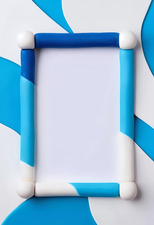 A colorful frame made of blue and white play doh sits against a bright abstract background. The empty space within invites creativity and expression, ideal for showcasing art.の素材