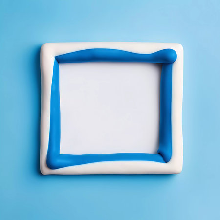 A bright blue abstract background features an empty, white and blue play doh frame, inviting creativity and artistic exploration. This setup encourages playful design.の素材