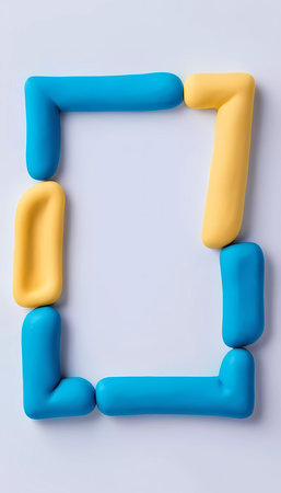 Bright blue and yellow play doh is arranged in a geometric frame on a clean white background, creating an open area that invites imagination and artistic expression.の素材