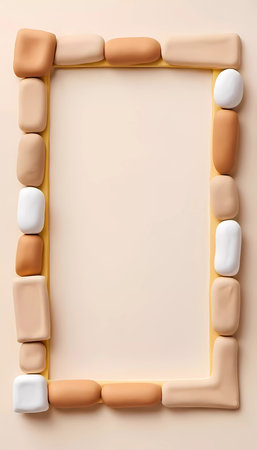 A meticulously crafted frame made from play dough in varying shades of beige and white, resting on a soft beige background, ready for creative display.の素材