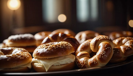 In a warm kitchen filled with the aroma of freshly baked goods, sesame bagel buns are braided and prepared on a wooden surface, showcasing their golden brown crust and rich texture. Generative AI.の素材