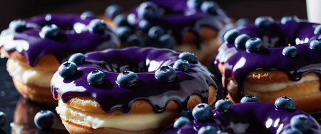 A tempting stack of freshly made blueberry wildberry donuts drizzled with rich glaze, showcasing vibrant berries on top, perfect for dessert cravings at any time of the day. Generative AI.の素材