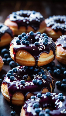 A tempting stack of freshly made blueberry wildberry donuts drizzled with rich glaze, showcasing vibrant berries on top, perfect for dessert cravings at any time of the day. Generative AI.の素材