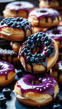 A tempting stack of freshly made blueberry wildberry donuts drizzled with rich glaze, showcasing vibrant berries on top, perfect for dessert cravings at any time of the day. Generative AI.の素材