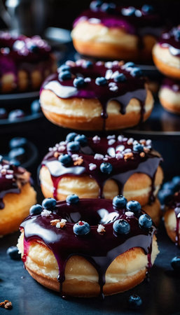 A tempting stack of freshly made blueberry wildberry donuts drizzled with rich glaze, showcasing vibrant berries on top, perfect for dessert cravings at any time of the day. Generative AI.の素材