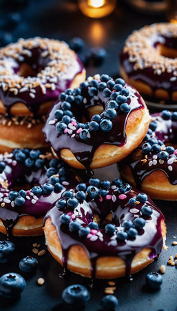 A tempting stack of freshly made blueberry wildberry donuts drizzled with rich glaze, showcasing vibrant berries on top, perfect for dessert cravings at any time of the day. Generative AI.の素材