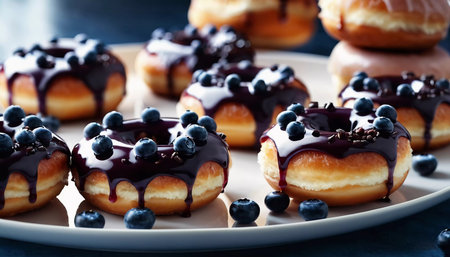 A tempting stack of freshly made blueberry wildberry donuts drizzled with rich glaze, showcasing vibrant berries on top, perfect for dessert cravings at any time of the day. Generative AI.の素材