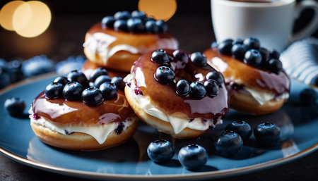 A tempting stack of freshly made blueberry wildberry donuts drizzled with rich glaze, showcasing vibrant berries on top, perfect for dessert cravings at any time of the day. Generative AI.の素材