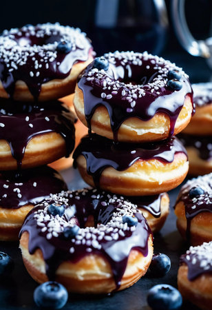 A tempting stack of freshly made blueberry wildberry donuts drizzled with rich glaze, showcasing vibrant berries on top, perfect for dessert cravings at any time of the day. Generative AI.の素材