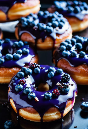 A tempting stack of freshly made blueberry wildberry donuts drizzled with rich glaze, showcasing vibrant berries on top, perfect for dessert cravings at any time of the day. Generative AI.の素材