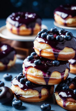 A tempting stack of freshly made blueberry wildberry donuts drizzled with rich glaze, showcasing vibrant berries on top, perfect for dessert cravings at any time of the day. Generative AI.の素材