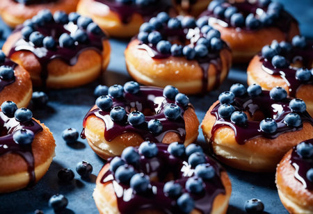 A tempting stack of freshly made blueberry wildberry donuts drizzled with rich glaze, showcasing vibrant berries on top, perfect for dessert cravings at any time of the day. Generative AI.の素材