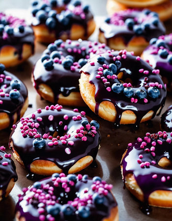 A tempting stack of freshly made blueberry wildberry donuts drizzled with rich glaze, showcasing vibrant berries on top, perfect for dessert cravings at any time of the day. Generative AI.の素材