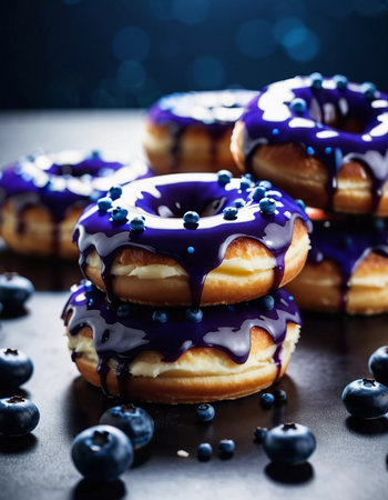 A tempting stack of freshly made blueberry wildberry donuts drizzled with rich glaze, showcasing vibrant berries on top, perfect for dessert cravings at any time of the day. Generative AI.の素材
