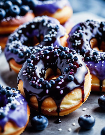 A tempting stack of freshly made blueberry wildberry donuts drizzled with rich glaze, showcasing vibrant berries on top, perfect for dessert cravings at any time of the day. Generative AI.の素材