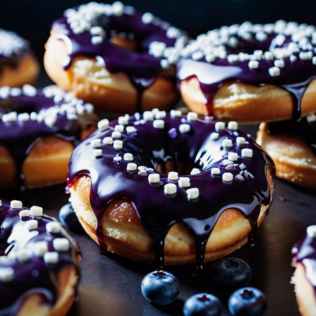 A tempting stack of freshly made blueberry wildberry donuts drizzled with rich glaze, showcasing vibrant berries on top, perfect for dessert cravings at any time of the day. Generative AI.の素材