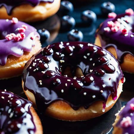 A tempting stack of freshly made blueberry wildberry donuts drizzled with rich glaze, showcasing vibrant berries on top, perfect for dessert cravings at any time of the day. Generative AI.の素材