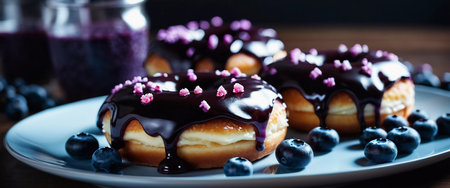 A tempting stack of freshly made blueberry wildberry donuts drizzled with rich glaze, showcasing vibrant berries on top, perfect for dessert cravings at any time of the day. Generative AI.の素材