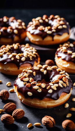 A tempting display of chocolate glazed donuts topped with a variety of nuts is showcased on a rustic wooden table. The warm lighting enhances the delicious details and textures of the treats. Generative AI.の素材