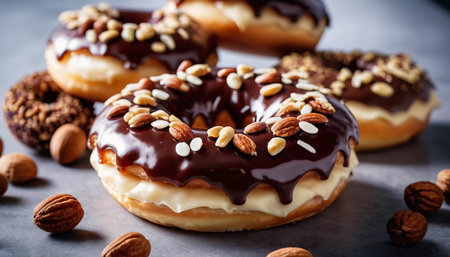 A tempting display of chocolate glazed donuts topped with a variety of nuts is showcased on a rustic wooden table. The warm lighting enhances the delicious details and textures of the treats. Generative AI.の素材