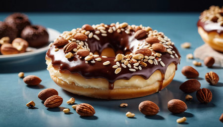 A tempting display of chocolate glazed donuts topped with a variety of nuts is showcased on a rustic wooden table. The warm lighting enhances the delicious details and textures of the treats. Generative AI.の素材