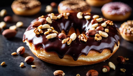 A tempting display of chocolate glazed donuts topped with a variety of nuts is showcased on a rustic wooden table. The warm lighting enhances the delicious details and textures of the treats. Generative AI.の素材