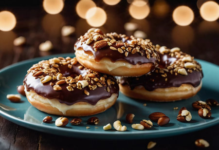 A tempting display of chocolate glazed donuts topped with a variety of nuts is showcased on a rustic wooden table. The warm lighting enhances the delicious details and textures of the treats. Generative AI.の素材
