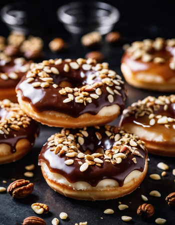 A tempting display of chocolate glazed donuts topped with a variety of nuts is showcased on a rustic wooden table. The warm lighting enhances the delicious details and textures of the treats. Generative AI.の素材