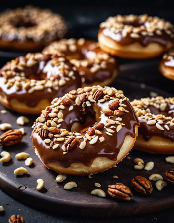 A tempting display of chocolate glazed donuts topped with a variety of nuts is showcased on a rustic wooden table. The warm lighting enhances the delicious details and textures of the treats. Generative AI.の素材