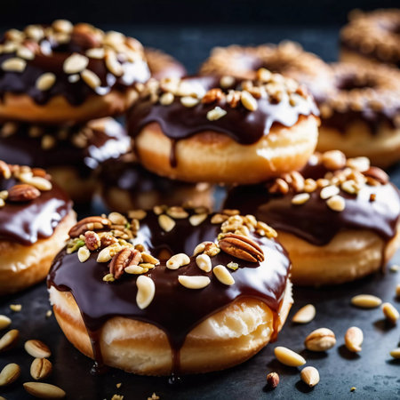 A tempting display of chocolate glazed donuts topped with a variety of nuts is showcased on a rustic wooden table. The warm lighting enhances the delicious details and textures of the treats. Generative AI.の素材