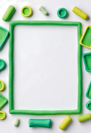 Colorful green abstract background showcases an empty rectangular frame, complemented by various playful shapes. Ideal for creative projects and design applications.の素材