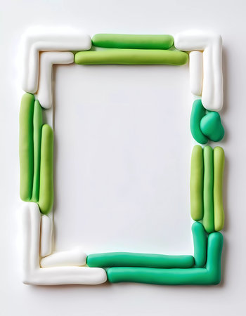 Colorful rectangular frame made from green and white abstract materials creates an inviting empty space for art, photos, or text. Ideal for creative presentations and designs.の素材