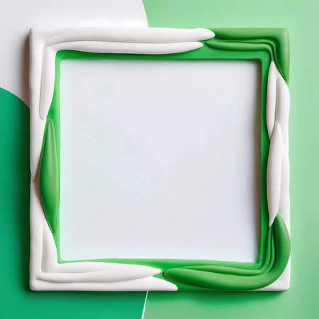 A rectangular frame with a unique abstract design of white and green colors sits against a softly blended white and green background, offering empty space for creative input.の素材